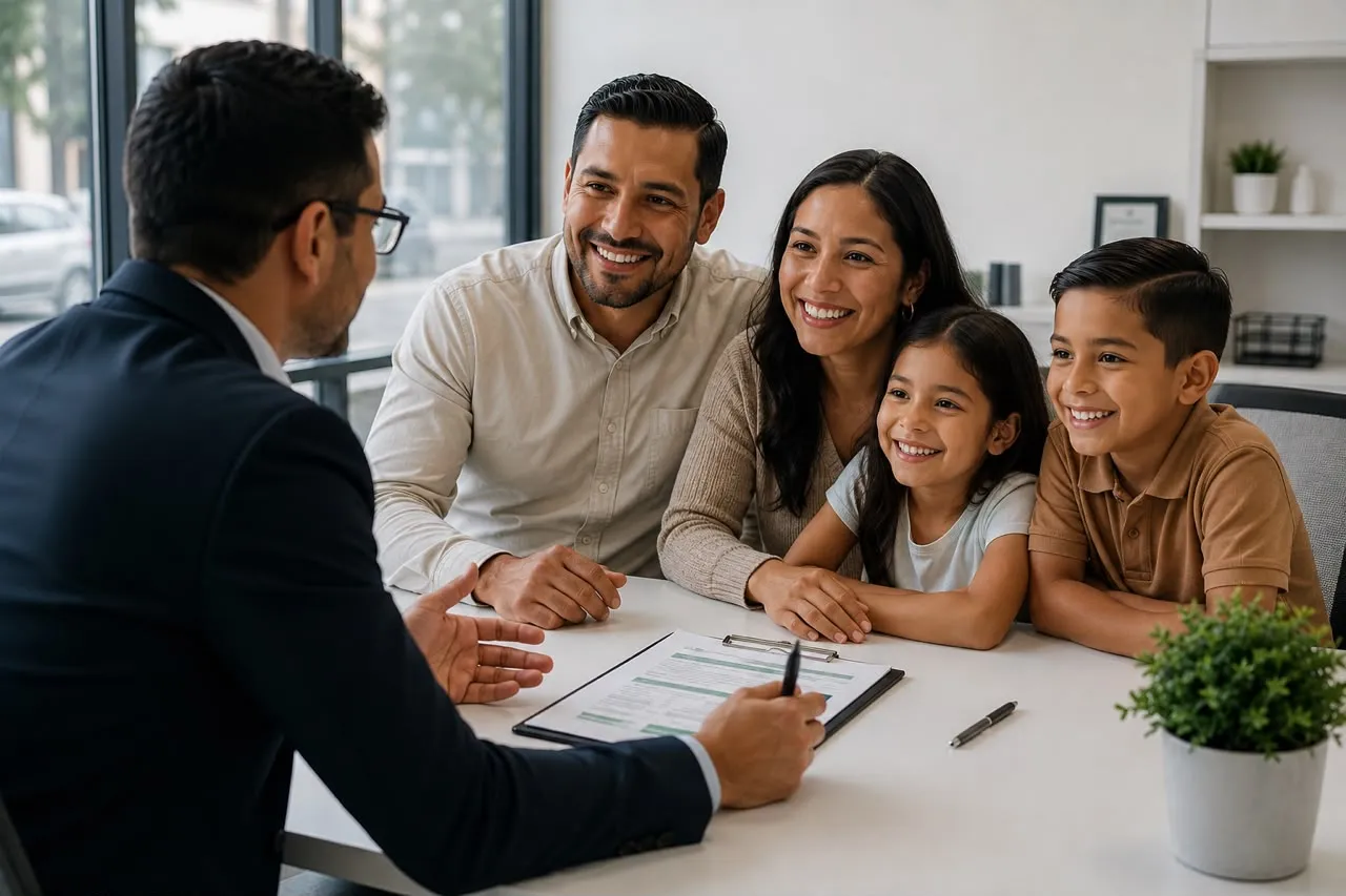 Asesor de DHM revisando un plan de crédito con una familia en la oficina